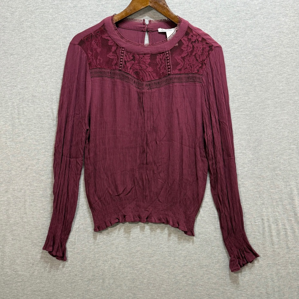 American Rag Lace Yoke Blouse Womens Large Burgundy Boho‎ Smocked Victorian